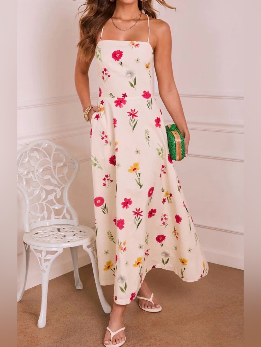 Floral Spaghetti-Strap Maxi Dress in Cream and Pink - Picture 5 of 6